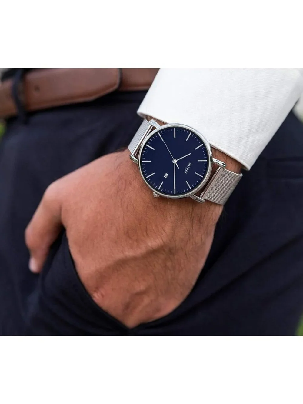 Men's Silver Blue Classic Mesh Strap Minimalist Analog Quartz Waterproof Watch